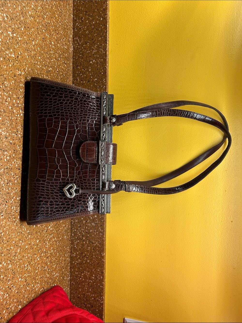 Vintage Brighton Croc-Embossed Dark Brown Shoulder Bag with Heart Charm